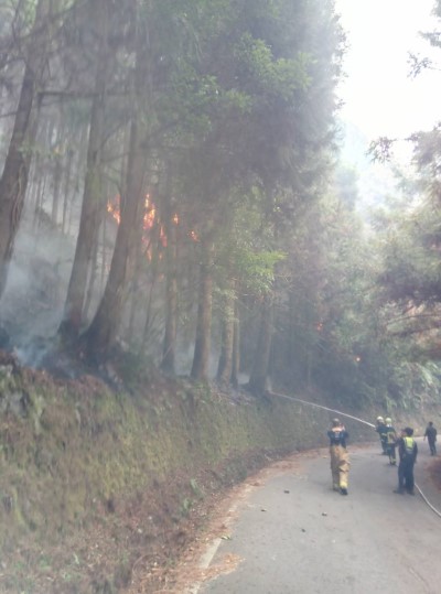 林業及警消會同撲救大鹿林道於112年3月23日森林火災情形(林業保育署新竹分署提供)
