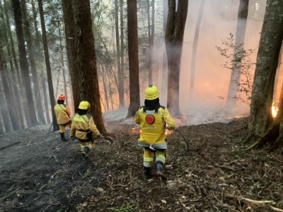 圖5、現場火勢猛烈，救火隊員正以背負式水袋執行滅火工作，避免火勢延燒擴大。(新竹分署提供)